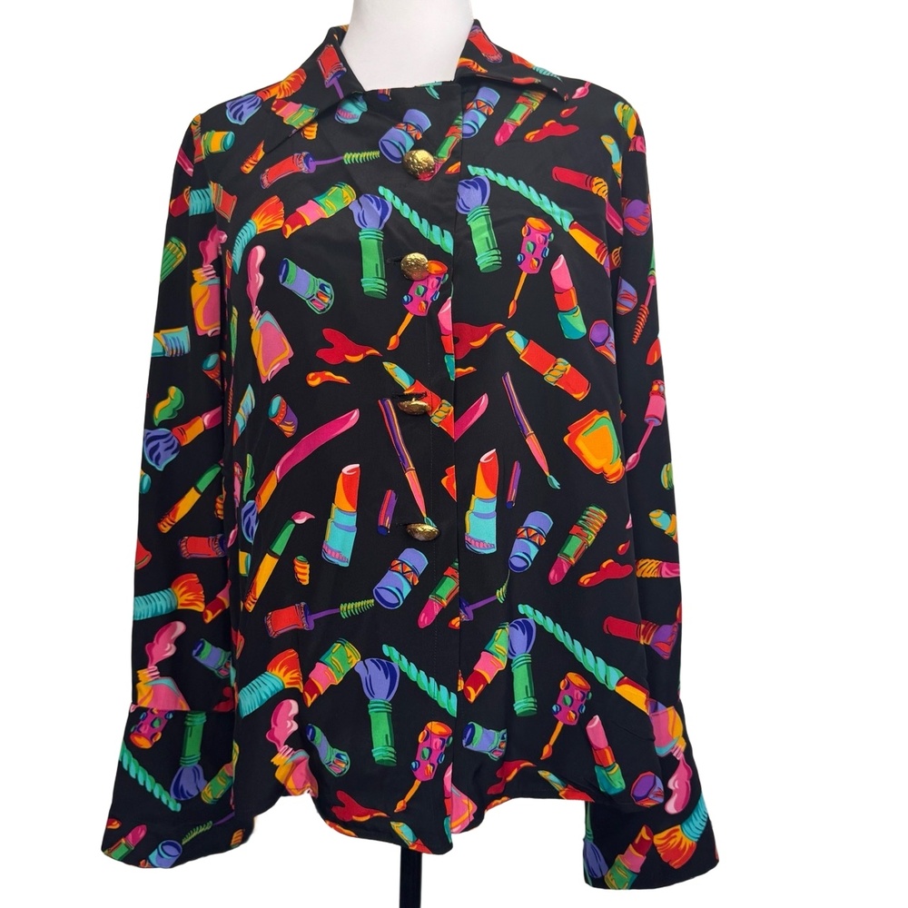 Vintage Anne Klein Silk Blouse Makeup Print Lipstick Brushes Artist Black Size 6